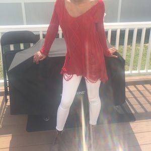 Distressed red off the shoulder sweater